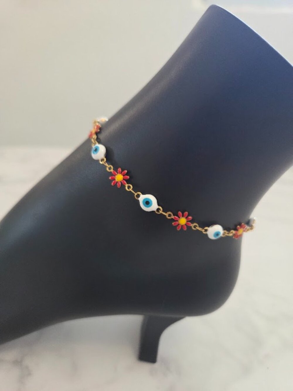 Evil Eye Daisy Flower Anklet Gold Plated Chain Anklet Bracelet - Picture 3 of 13